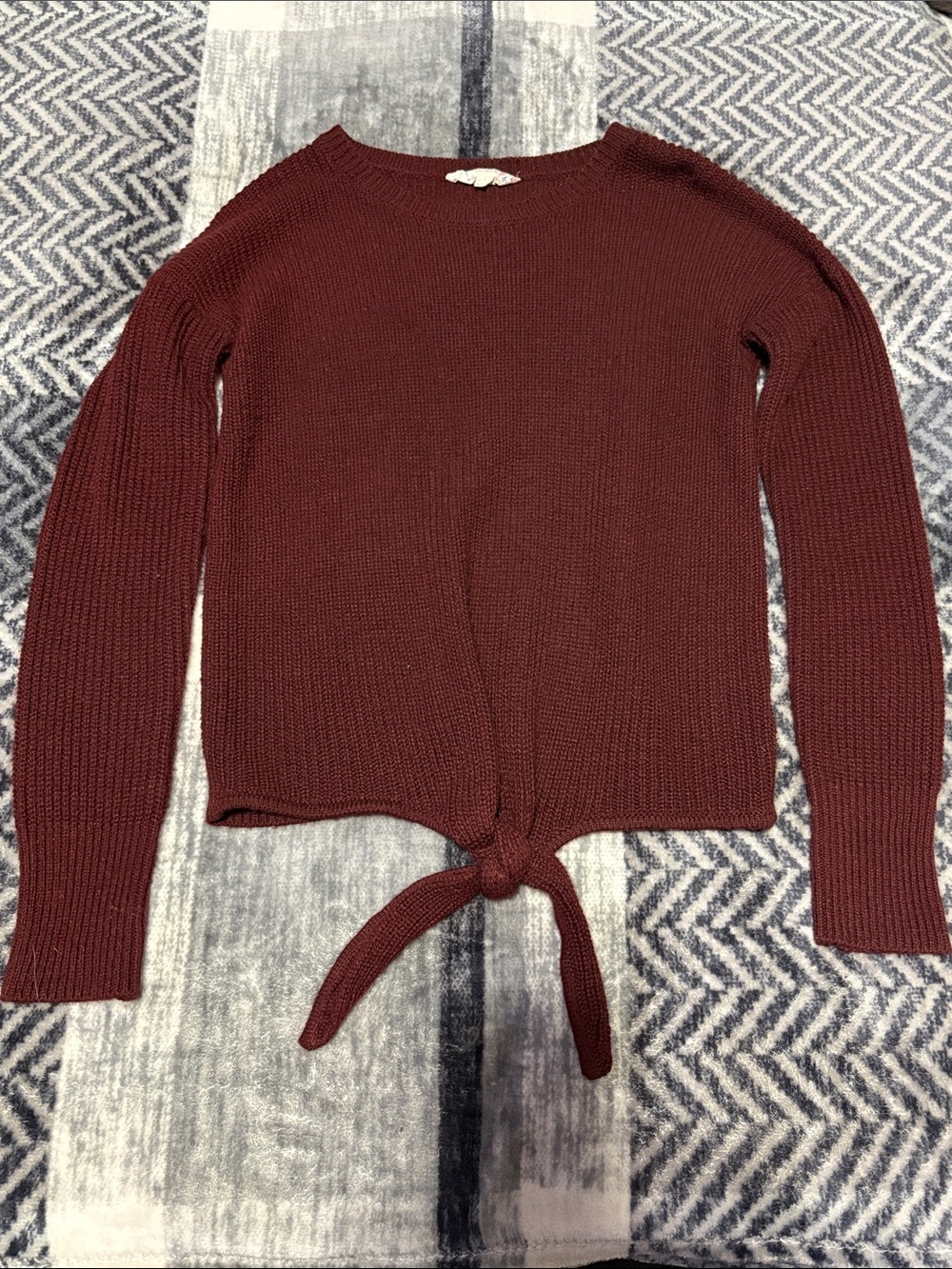 Pink Republic Burgundy Tie-Front Crewneck Sweater